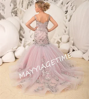 Великолепное розово-серебряное кружевное платье с цветочным узором в стиле Русалки для особых случаев, дня рождения, Первого причастия, театрализованного представления, вечеринки