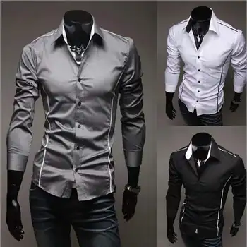 Весенне-осенние мужские рубашки 2023, абсолютно новые облегающие топы в полоску с длинным рукавом, мужская однотонная одежда на пуговицах