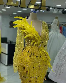 Вечерние платья Русалки с длинными рукавами из Дубайских желтых перьев, арабские вечерние платья с кисточками и блестками из бисера для свадебной вечеринки