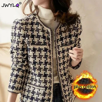 Винтажные куртки из смешанного твида в клетку для женщин 2023 Куртка Короткое пальто Корейская мода Зимняя Утепленная одежда с длинным рукавом
