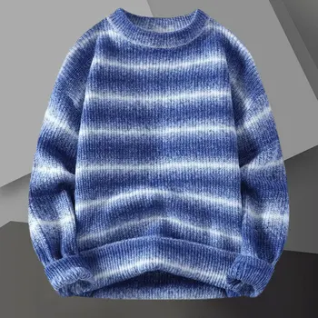 Вязаный свитер в контрастную полоску, пуловер с круглым вырезом, свитер с решетчатым воротником, мужской осенний тонкий свитер