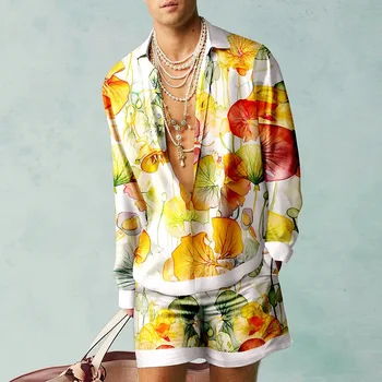 Гавайский Комплект рубашек С Цветочным узором, Мужской Летний Дышащий Топ, Комплект из двух предметов, Пляжная Рубашка, Комплект из двух предметов, Винтажная Мужская Одежда