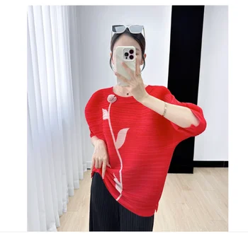 ГОРЯЧАЯ РАСПРОДАЖА, модная плиссированная футболка с круглым вырезом Miyake, свободная футболка с надписями для рук С рукавами 
