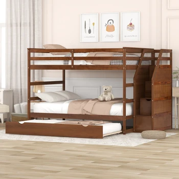 Двуспальная кровать, Двухъярусная кровать с Двумя Односпальными кроватями и 3 Лестницами Для хранения Вещей, Многофункциональная Двухъярусная кровать из Орехового дерева, детская кровать