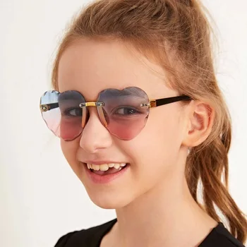 Девочки Мальчики Милые Солнцезащитные очки без оправы с мультяшным сердечком, детские солнцезащитные очки в стиле ретро с сердечком, Уличные очки с детским оттенком UV400, Очки для детей