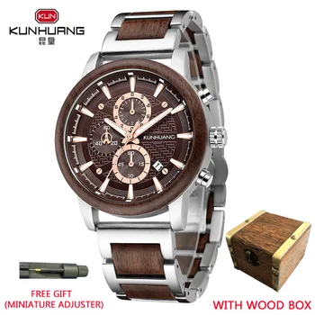 Деревянные мужские часы KUNHUANG, роскошные кварцевые часы со светящимся хронографом, лучший бренд, деревянные часы из нержавеющей стали relógio masculino