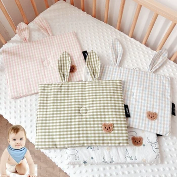 Детская плоская подушка для новорожденных младенцев, прохладная подушка для летнего сна, мультяшный Клетчатый Медведь, защита головы ребенка, детская подушка