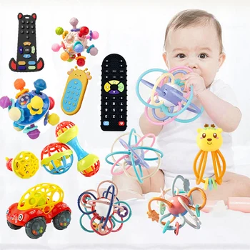 Детские игрушки от 0 до 12 месяцев Сенсорная погремушка-прорезыватель для хватания мяча Силиконовые игрушки для прорезывания зубов для младенцев Развивающие игрушки от 1 года