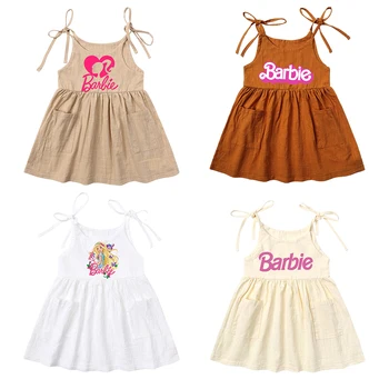 Детское платье-комбинация без рукавов Kawaii Barbie с рисунком Аниме, милые летние хлопковые льняные платья-камзолы для девочек, детская юбка в подарок