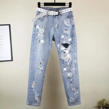 Джинсы-карандаш с высокой талией и дырками, расшитыми бисером, женские повседневные выстиранные поцарапанные Длинные джинсовые брюки, женские брюки оверсайз уличной одежды