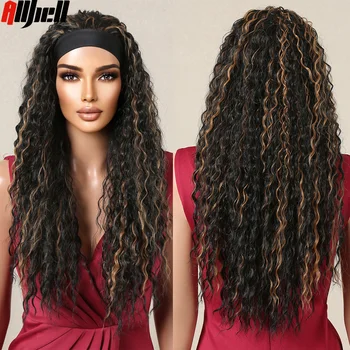 Длинная афро-кудрявая черная повязка с золотистой подсветкой, синтетические парики из натуральных волос для женщин, богемная повязка на голову, парик на каждый день, термостойкий