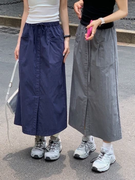 Длинная юбка-карго HOUZHOU, женская летняя одежда 2023, повседневная юбка миди с разрезом спереди и завязками на шнурках, Корейская уличная одежда