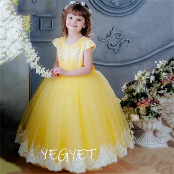 Желтое платье в цветочек для девочки, Платье с коротким рукавом, Платье для вечеринки по случаю дня рождения ребенка, Свадебное платье для девочки