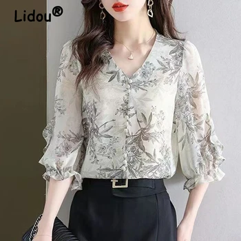 Женская летняя модная элегантная блузка с рюшами и принтом В корейском стиле, рубашка с V-образным вырезом и рукавом три четверти, милые шикарные шифоновые топы, блузки