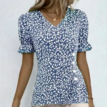 Женская летняя футболка с V-образным вырезом, цветочный принт, гофрированные манжеты, пуловер с пузырчатым рукавом, нерегулярные повседневные женские блузки, верхняя женская одежда