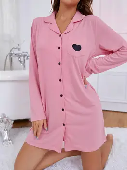 Женская ночная рубашка с зубчатым воротником, пижама для бойфренда, Однотонная пижама с длинными рукавами, домашняя одежда на пуговицах спереди, ткань для костюма