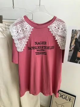 Женская футболка с вышивкой Оверсайз с коротким рукавом, милый дизайн, кружевная нашивка, хлопковая смесь, повседневная футболка, розовый для подростка