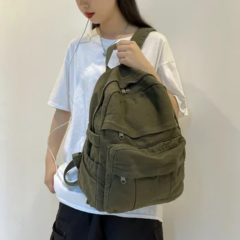 Женская хлопковая холщовая милая студенческая сумка для книг, дорожный рюкзак, рюкзак для девочек-подростков, школьная сумка, детский подарок, Хаки зеленый