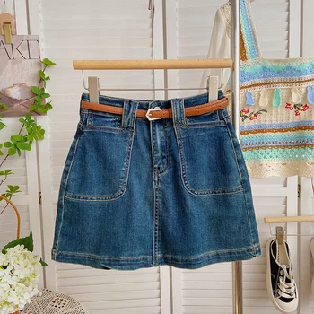 Женская юбка, джинсы, повседневные узкие джинсовые юбки трапециевидной формы с карманами и высокой талией, одноцветное изделие, корейская мода, прямая поставка