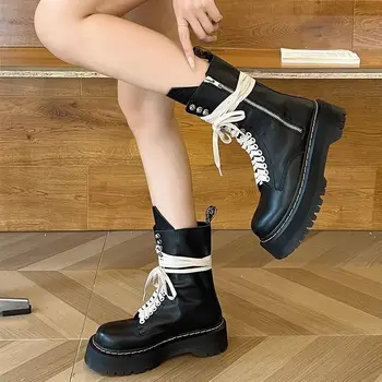 Женские ботинки до середины икры на платформе в стиле панк, модная обувь с толстой подошвой в готическом стиле 2023, осенне-зимние женские ботильоны, обувь