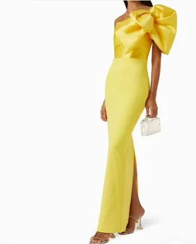 Женские длинные желтые платья на одно плечо для выпускного вечера с разрезом Футляр Креповый Robe De Soiree Атласные вечерние платья в пол