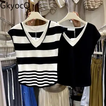 Женские топы GkyocQ в корейском стиле, новый летний нишевый дизайн, тонкая футболка без рукавов с V-образным вырезом из двух частей, модная блузка Dongdaemun