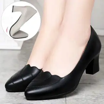 Женские туфли-лодочки на среднем квадратном каблуке, Черные офисные туфли из искусственной кожи, весенние нескользящие Модные туфли-оксфорды для мамы, Zapatos Mujer