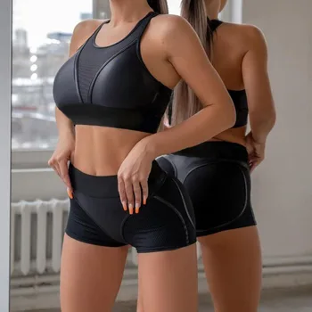 Женский комплект для йоги, тренировочная одежда для женщин, спортивная одежда, черные сетчатые комплекты для спортзала в стиле пэчворк, сексуальный спортивный комплект с бюстгальтером и шортами