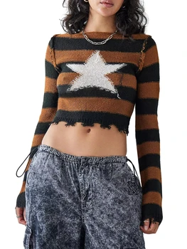 Женский свитер Star с круглым вырезом и длинным рукавом, приталенные топы, пуловеры, свитера, перемычки, вязаные винтажные свитера