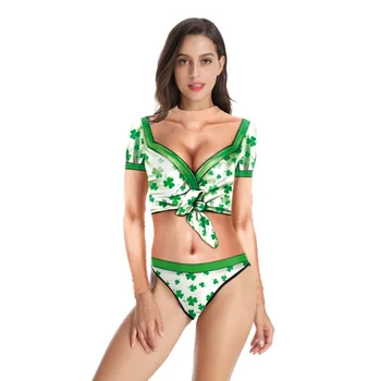 Женский цельный купальник в ирландский День Святого Патрика, зеленый, с 3D цифровой печатью, женские купальники с длинным рукавом, костюм для похудения с высоким воротом