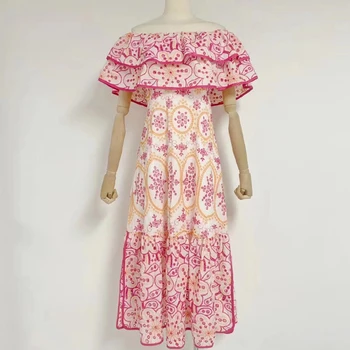 Женское летнее платье с открытыми плечами, Макси, вышивка, Разрезное кружево, Открытая туника с высокой талией, Приталенное повседневное длинное платье с оборками