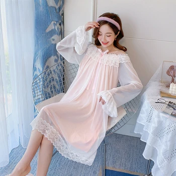 Женское ночное платье Kawaii, милая кружевная ночная рубашка с длинным рукавом, пижама принцессы, ночнушка в стиле Лолиты, винтажная ночная рубашка для девочек, ночное белье