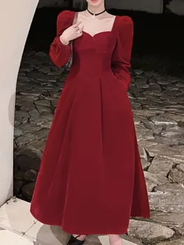 Женское осеннее повседневное Бархатное Элегантное вечернее платье с длинным рукавом, Винтажное платье трапециевидной формы, Красное платье для выпускного вечера, Шикарное женское платье на День рождения