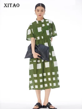Женское платье с геометрическим принтом XITAO, Корея, Лето 2023, Новая Индивидуальность, Свободный воротник-стойка, платье с коротким рукавом DMJ2172