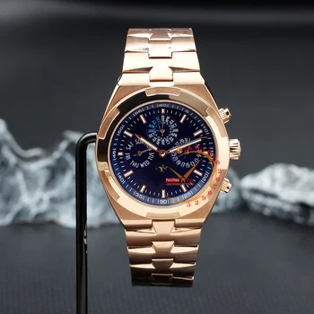 Зарубежный Вечный календарь Ультратонкие автоматические мужские часы 4300V Phase Moon из розового золота с синим циферблатом, стальной браслет 2023 года, лучший бренд