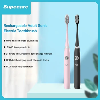 Звуковая электрическая зубная щетка Supecare для взрослых с 1 сменной головкой Передвижная Мягкая зубная щетка для чистки зубов, перезаряжаемая через USB