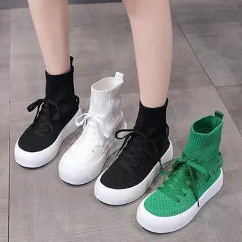 Зеленые вязаные женские ботинки с эластичной сеткой 2023, Осенние женские ботильоны на платформе без застежки, обувь с дышащим носком на толстой подошве