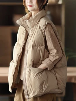 Зимние жилеты для женщин 2023 Осень, свободный Однотонный пуховик из хлопка, короткий жилет, пальто, повседневная куртка без рукавов, жилет для женщин