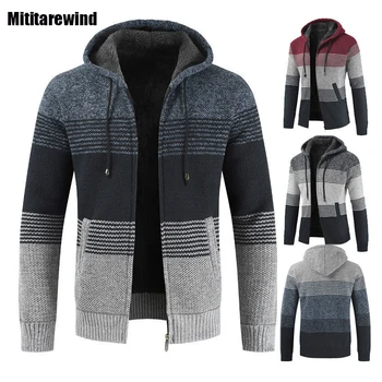 Зимний модный свитер с капюшоном, пальто, повседневный уличный свитер, мужской полосатый трикотаж на молнии, флисовый толстый теплый кардиган, свитер для мужчин