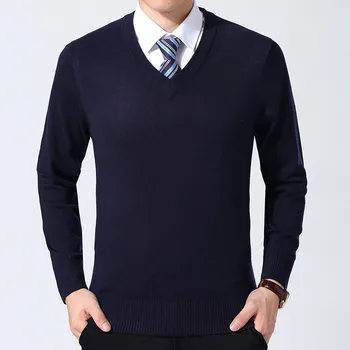 Зимний мужской свитер 2023, мужской деловой однотонный Универсальный классический пуловер с V-образным вырезом, мужской свитер с подкладкой