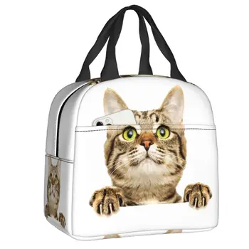 Изготовленная на заказ сумка для ланча с забавным котом, женская сумка-холодильник, термоизолированный контейнер для ланча для детей, школьные Рабочие сумки для пикника, сумки для еды