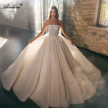 Изящное кружевное бальное платье Alonlivn, свадебное платье, расшитое бисером и жемчугом, с открытыми плечами, без бретелек, без рукавов, свадебные юбки