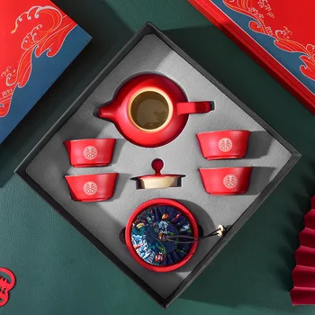 Китайский Свадебный Красный Набор чайной посуды, Керамический Чайный сервиз, Чай Кунг-фу, Фарфоровая Чашка Гайвань, Креативная Чайная церемония