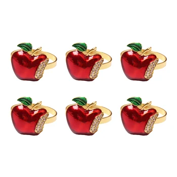 Кольца для салфеток Набор из 6 колец для салфеток с красным яблоком для свадебного ужина, банкетной салфетки на Рождество, День рождения