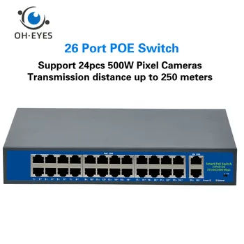 Коммутатор POE с 24 портами + 2 порта Гигабитный сетевой коммутатор Fast Ethernet с питанием от IP-камер POE-адаптер для повторения IP-камер в помещении по локальной сети
