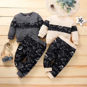 Комплект одежды для новорожденных мальчиков, пуловер с длинными рукавами и принтом динозавра, топы, брюки, осенне-зимняя детская одежда 3-24 м