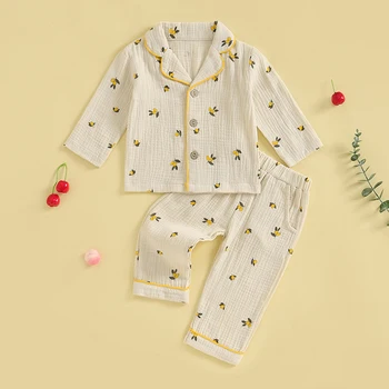 Комплект пижам для маленьких девочек BeQeuewll, рубашка с отворотом и штанами с эластичным поясом с лимонным принтом для малышей, детская одежда для отдыха из 2 предметов