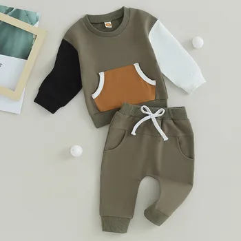Комплекты брюк для новорожденных мальчиков, осенняя одежда, толстовка контрастного цвета с длинным рукавом, карманом и эластичными штанами, детские вещи, одежда