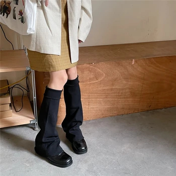 Корейские Хлопчатобумажные гетры в эластичную полоску, Японские Однотонные носки Harajuku с ворсом, носки средней длины, крутые носки выше колена, расклешенные гетры для ног