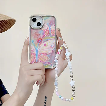 Корейский милый 3D браслет с жемчужной звездой, розовая бабочка, роскошный силиконовый чехол для iPhone 11 12 13 14 Pro Max, мультяшный чехол sfot